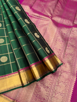Kattam and Buttas on Kanchivaram - traditional meenakshi green and majentha with mayil chackaram buttas