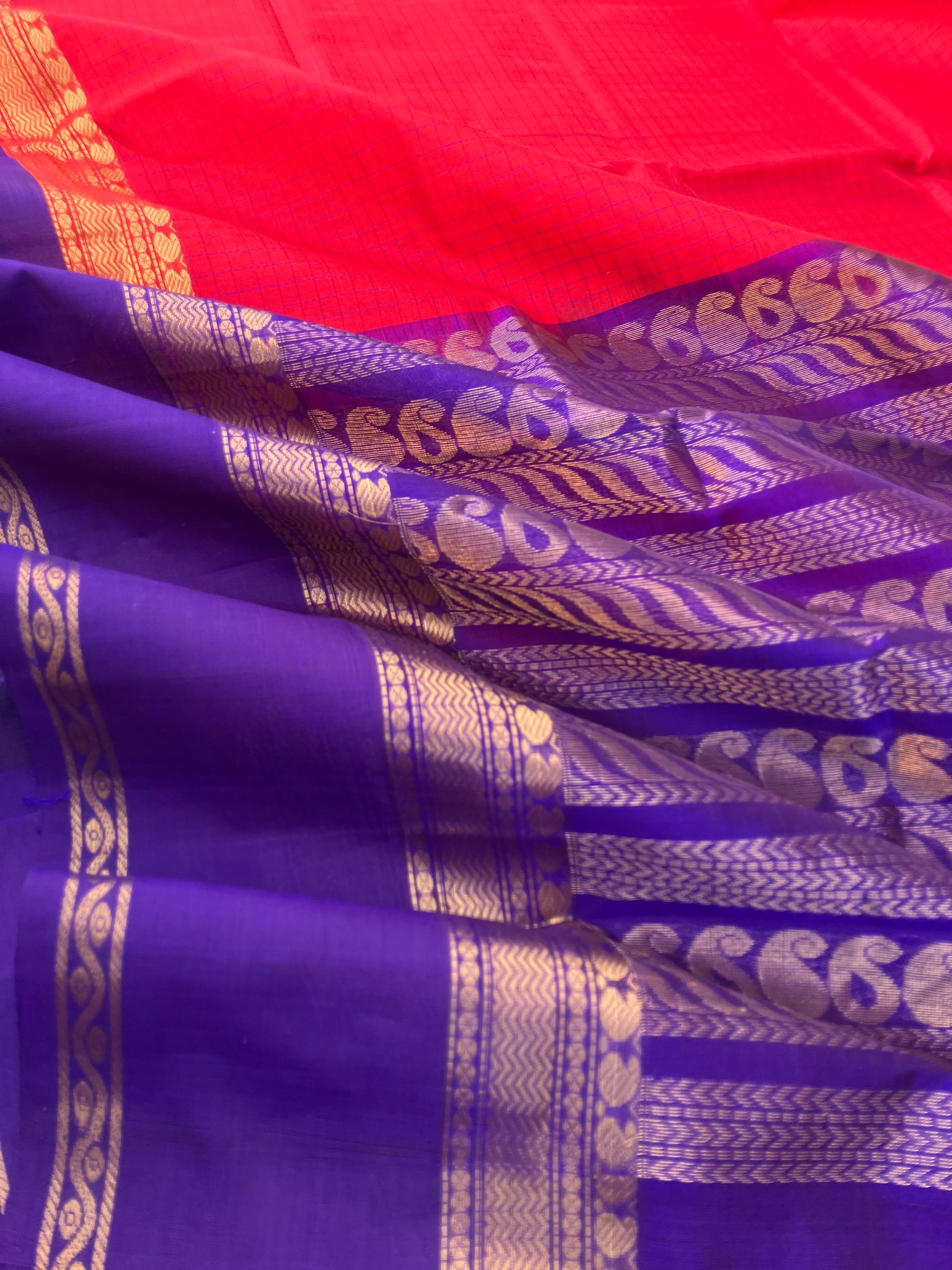Korvai Silk Cotton - deep chilly red and violet border buttas and body chex