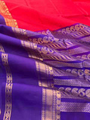 Korvai Silk Cotton - deep chilly red and violet border buttas and body chex