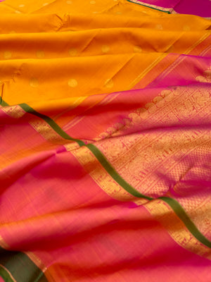 Diwali Edits - Kanchivaram For All Occasions - most beautiful mustard and peach with reatt pett woven borders