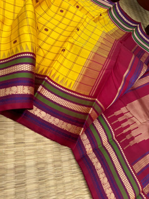 The Best of No Zari Korvai Kanchivaram - the most traditional yellow and aaraku with all traditional Kanchivaram elements kattam buttas Korvai everything