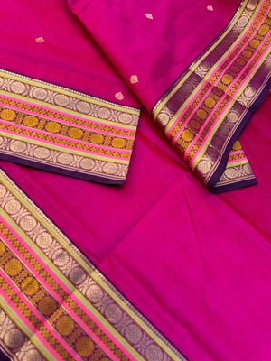 Zari Kissed Silk Cotton - deep dark pink with three row of laddu kamalam borders