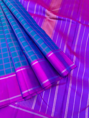 Colour Play on Kanchivaram - Simple and elegant peacock blue and violet kattam kanchivaram