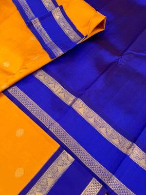Colour Play on Kanchivaram - stunning yellow and ms blue korvai kanchivaram with retta pett woven perfect borders