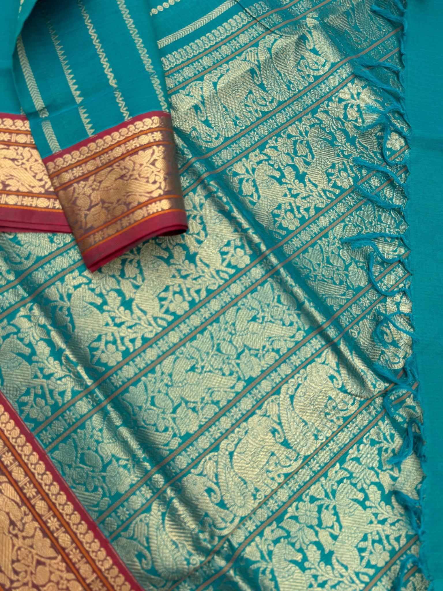 Zari Kissed Silk Cotton - teal vertical veldhari with parrots woven motifs