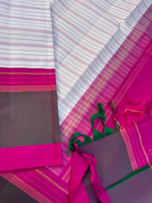 Recipe of Rarest Korvai Kanchivaram - off white stripes woven body with pink and short green korvai borders
