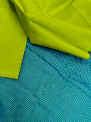 Niram - Celebrating of Full Plain Kanchivaram Silks Paired with Beautiful Blouses - fresh green saree with podi zari kattam teal silk blouse