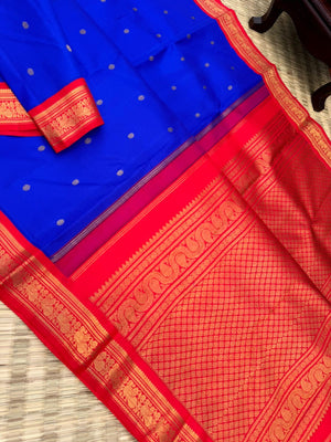 Vintage Ragas on Kanchivaram - most beautiful ms blue and red korvai Kanchivaram with vintage style peacock woven borders