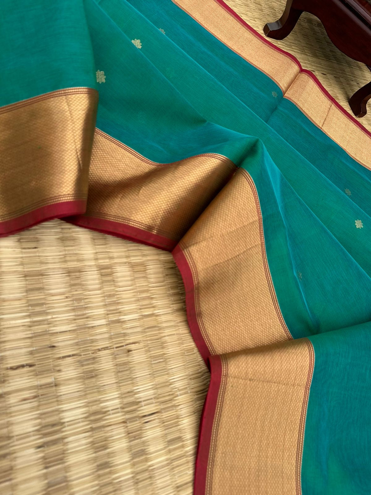 Zari Kissed Silk Cotton -deep teal blue/green corner buttas with solid borders, everyone will say you are wearing a silk saree