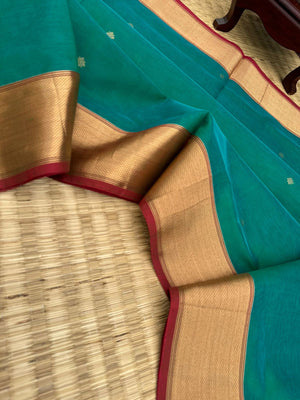 Zari Kissed Silk Cotton -deep teal blue/green corner buttas with solid borders, everyone will say you are wearing a silk saree
