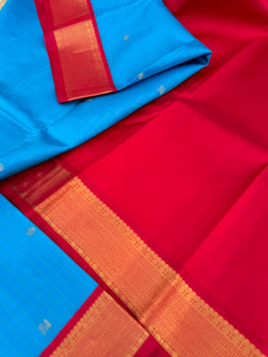Kanchivaram Trunk - gorgeous Anandha blue and red with vertical zari strips and buttas with aarai maadam woven borders