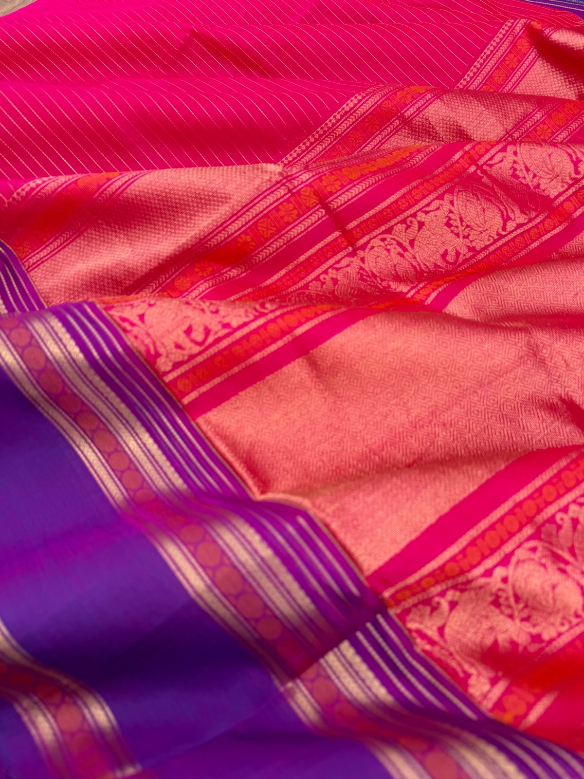Zari Kissed Silk Cotton -rain pink short red Vairaoosi with traditional borders