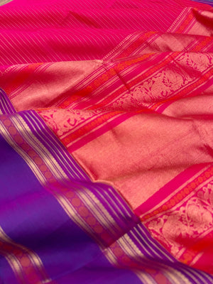 Zari Kissed Silk Cotton -rain pink short red Vairaoosi with traditional borders