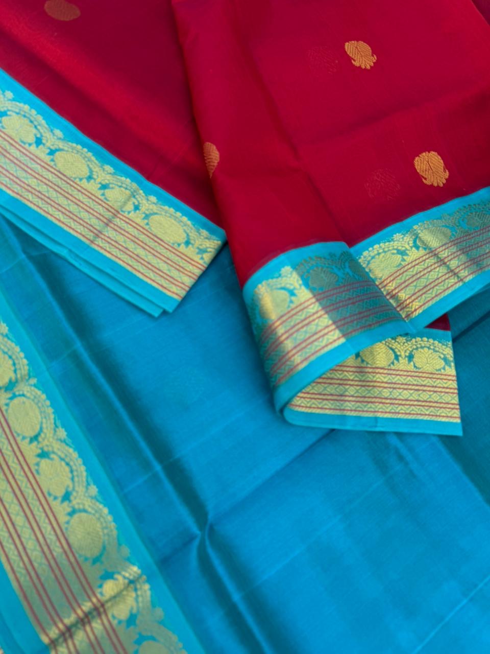 Korvai Silk Cottons - deep dark reddish aarku and anandha blue