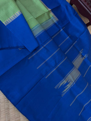 Art of Kai Korvai Kanchivaram - green and off white kasa kasa kattam with ink blue borders