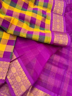 Korvai Silk Cottons - deep pink mustard and green paalum palamum chex