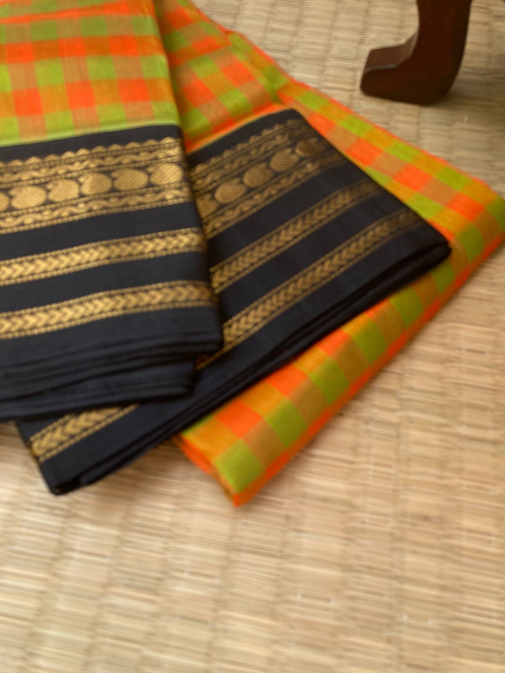 Paalum Palamum Kattams Korvai Silk Cottons - olive and orange with black borders