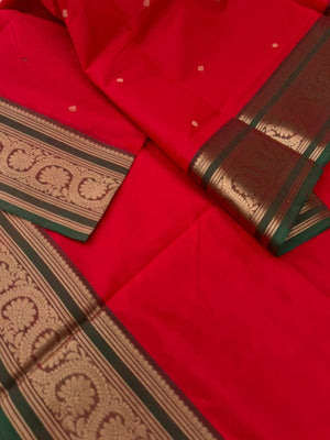 Zari Kissed Silk Cotton - deep traditional red with kodi visuree borders