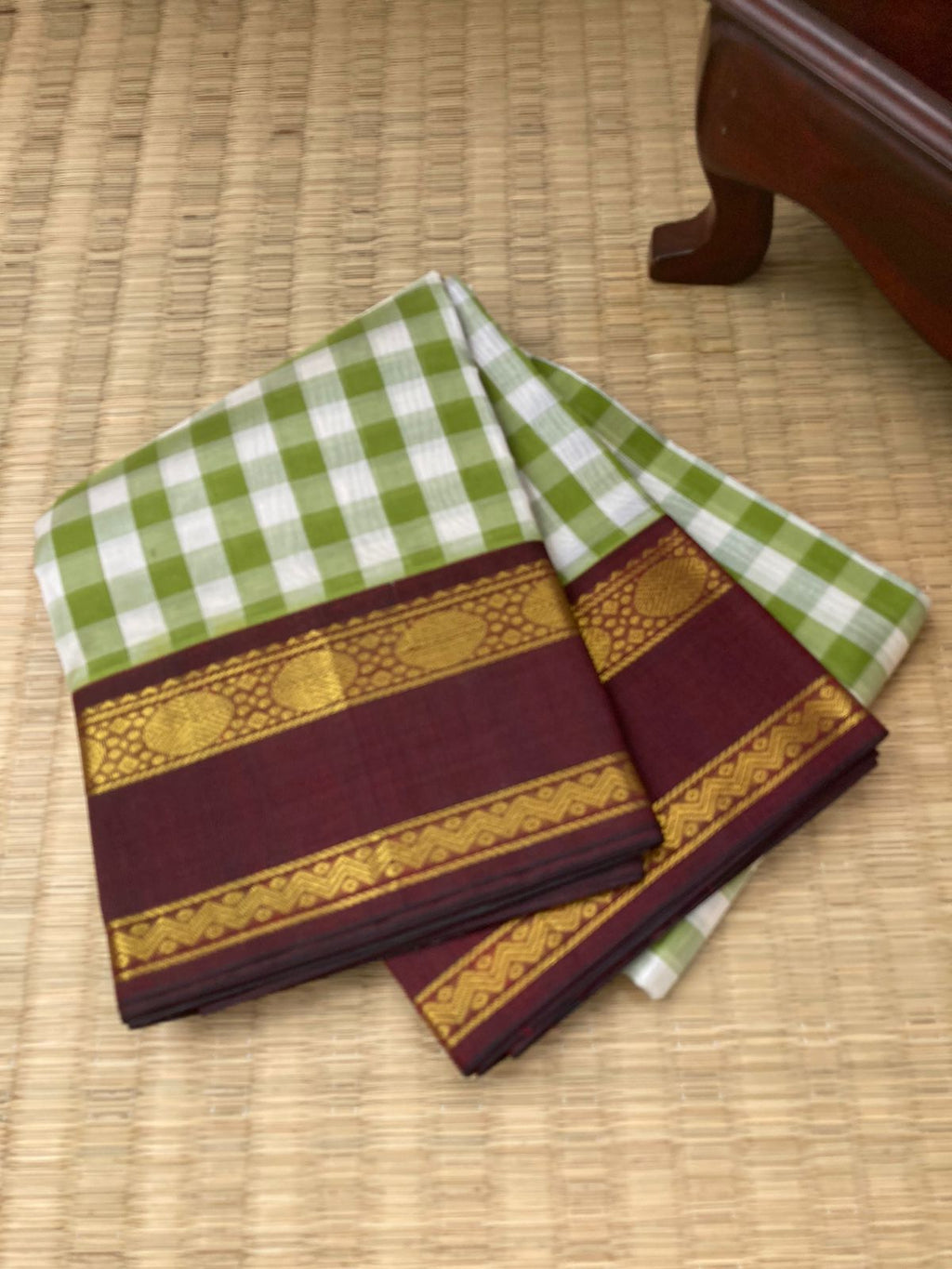 Paalum Palamum Kattams Korvai Silk Cottons - olive and off white with coffee bean brown
