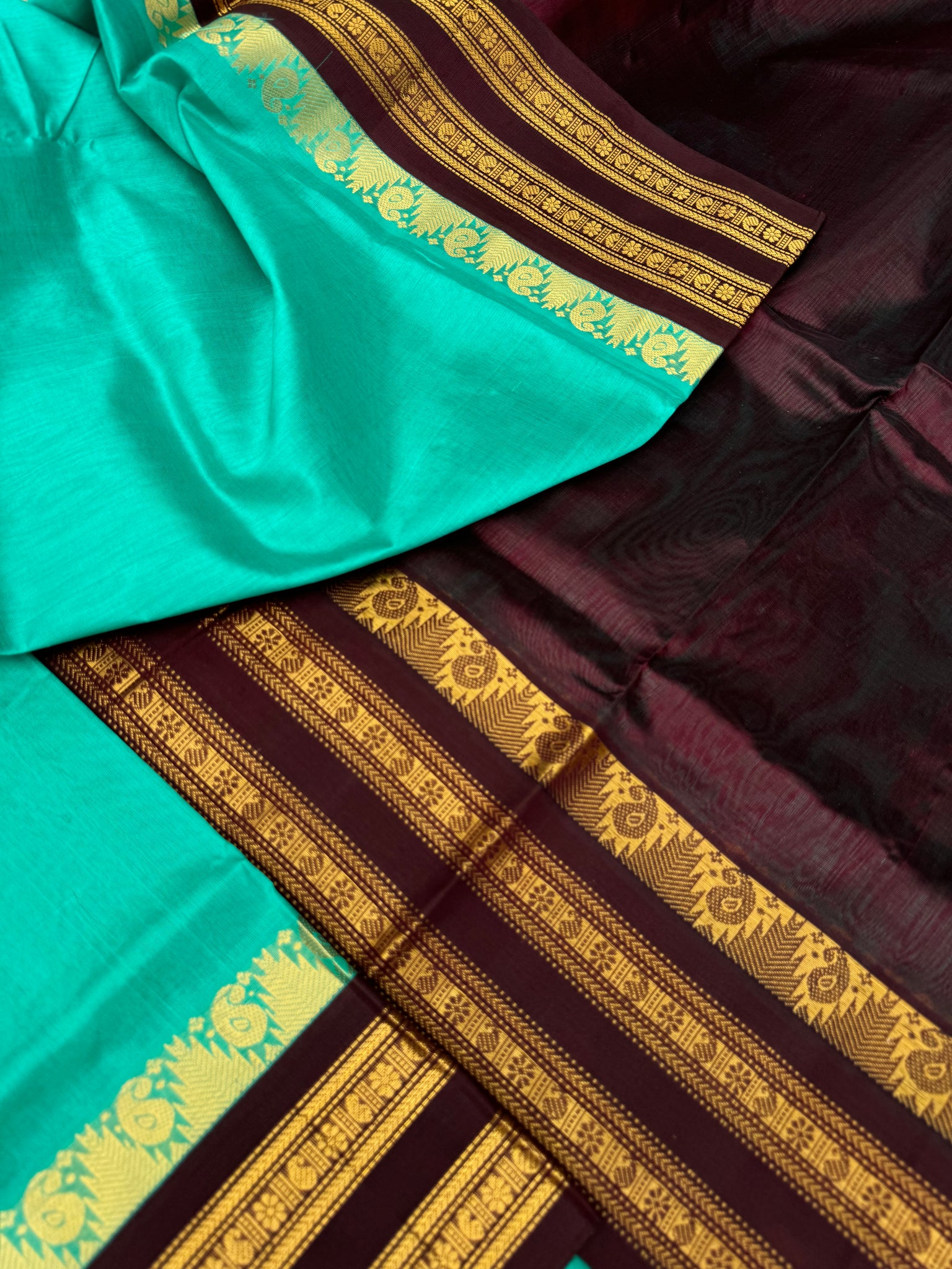 Korvai Silk Cotton - aqua blue and coffee bean