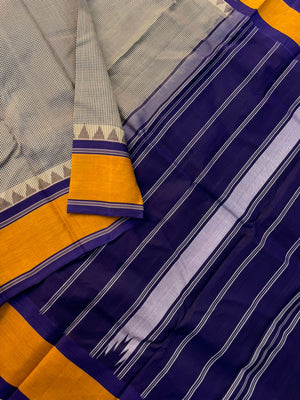 Signature Silk Cotton -English kasa kasa kattam with deep navy blue pallu and blouse