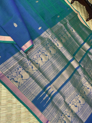Zari Kissed Silk Cotton - perfect dual tone peacock blue green for people who love small borders