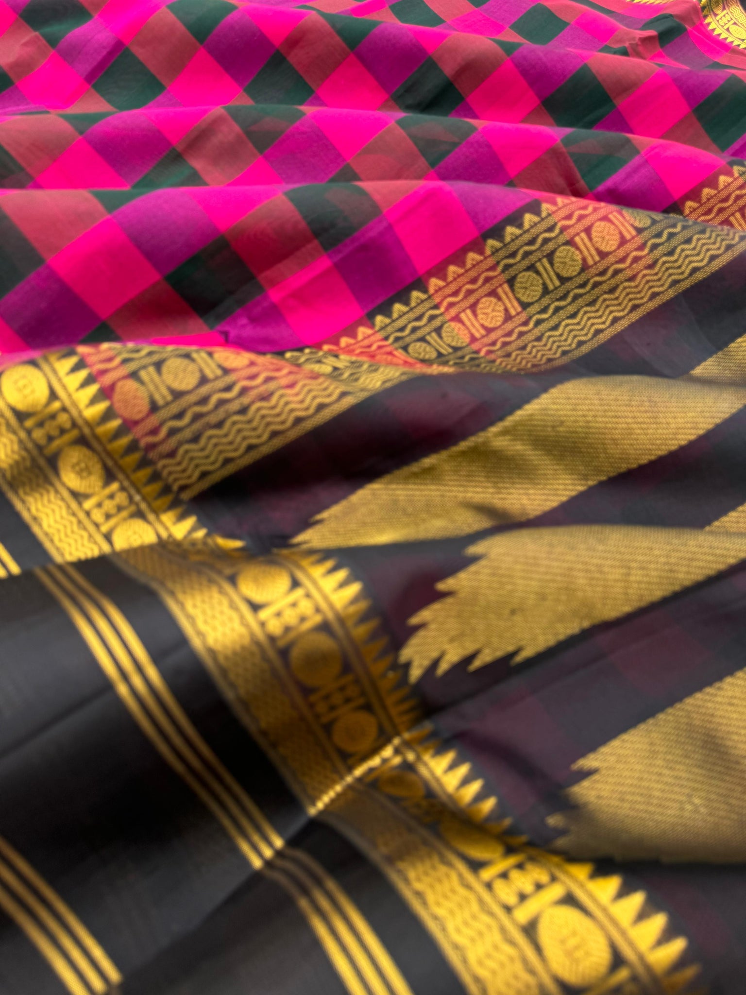 Korvai Silk Cottons -dark pink and dark green body chex with black pallu and blouse