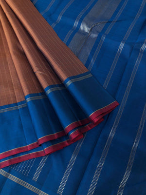 Heriyae - Heirloom Kanchivarams - caramel brown dual tone body with burnt blue pallu and blouse with vertical muthu stripes woven body