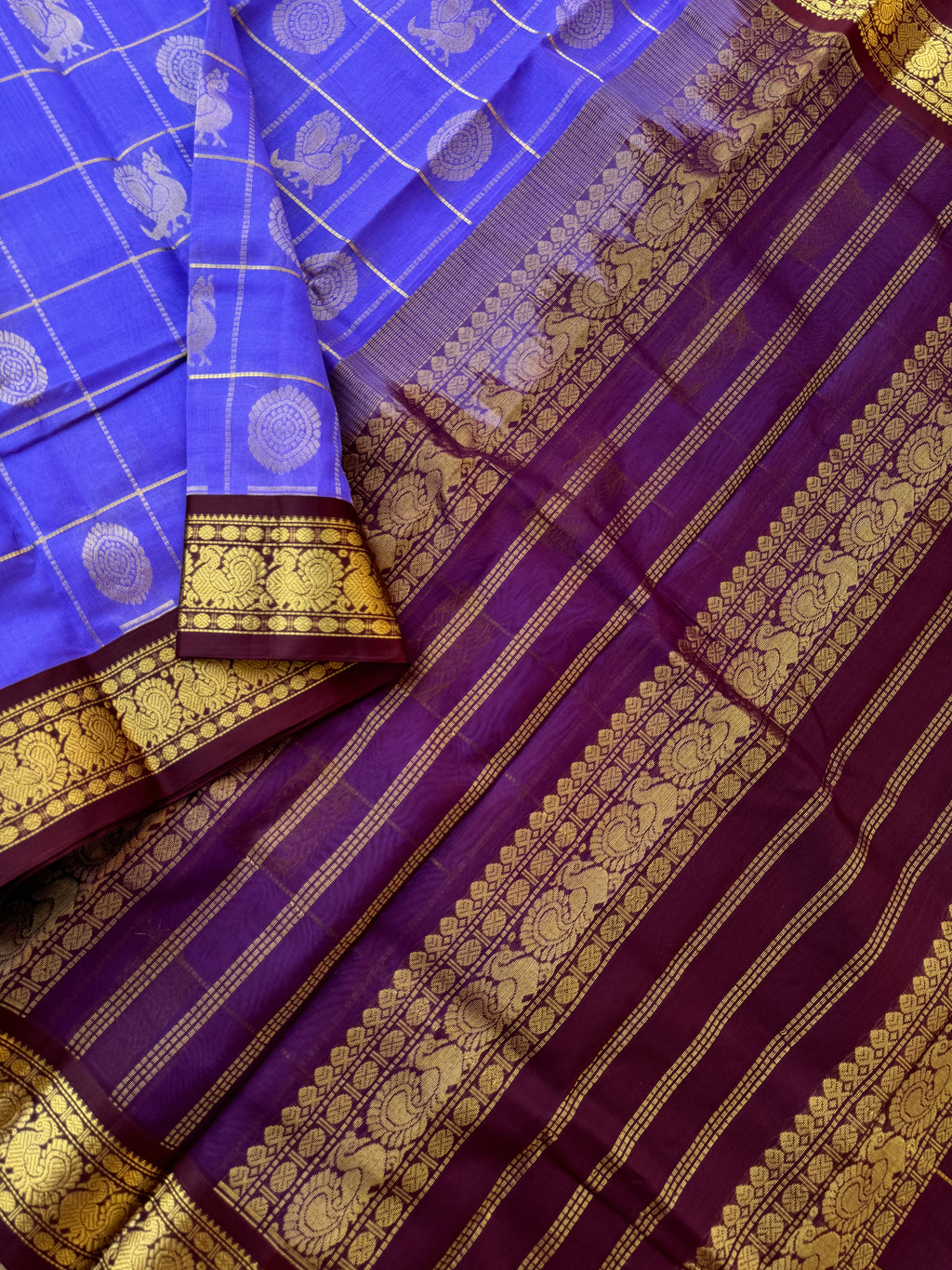 Korvai Silk Cotton - kurunji flower and burgundy Mayil chackaram