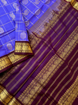 Korvai Silk Cotton - kurunji flower and burgundy Mayil chackaram