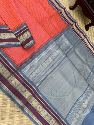The Best of No Zari Korvai Kanchivaram - peach and grey lakshadeepam with annapakshi woven borders, the best creation of no Zari Kanchivaram