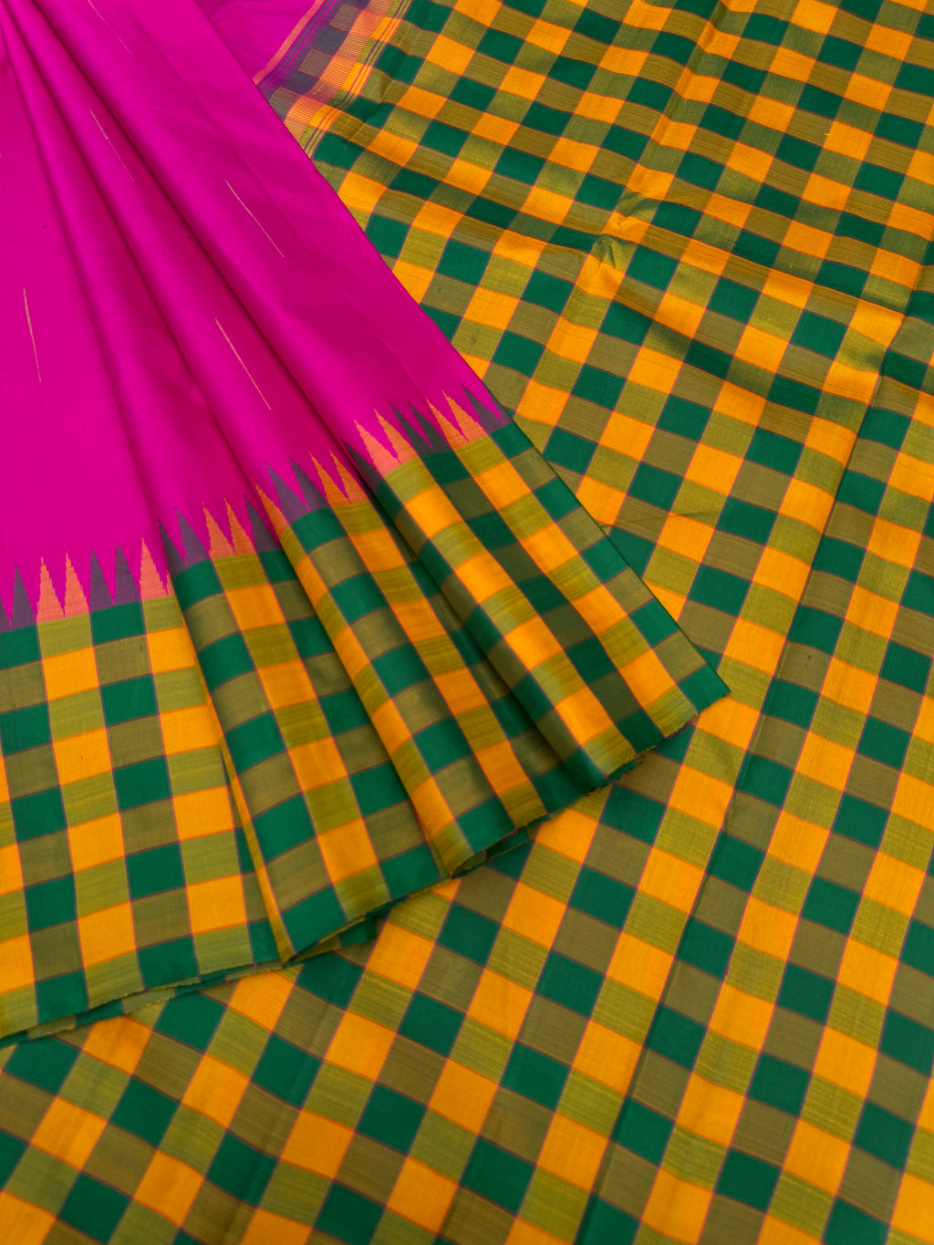 Diwali Edits - Soulful Kanchivaram - stunning deep pink rain drops woven body with mustard and green kattam woven borders pallu and blouse