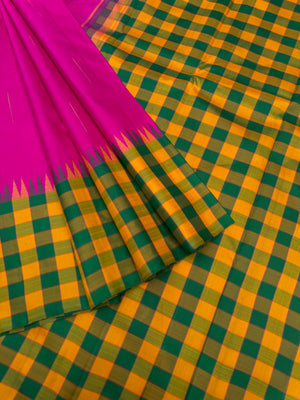 Diwali Edits - Soulful Kanchivaram - stunning deep pink rain drops woven body with mustard and green kattam woven borders pallu and blouse