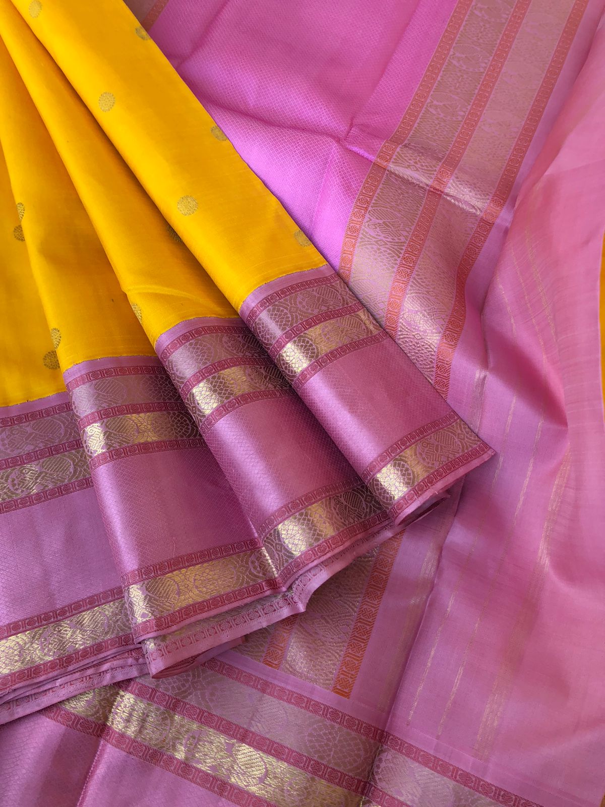Meenakshi Kalayanam - Authentic Korvai Kanchivarams - gorgeous golden yellow and dusky pink