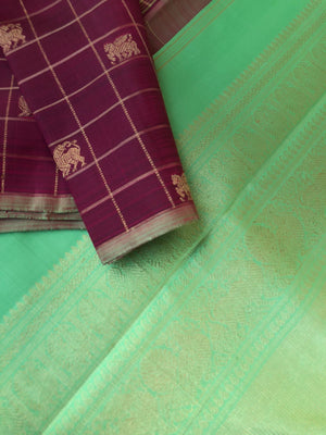 Hriya - Heirloom Kanchivarams - beautiful burgundy and pista green with yali and flying horse buttas