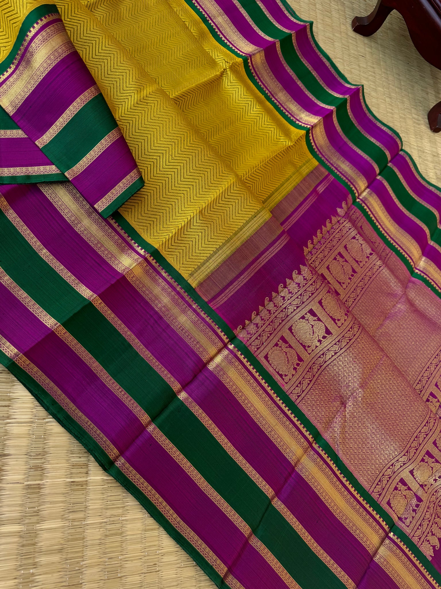 Haritham - Heirloom Yarn Play on Kanchivaram - stunning golden mustard with chevron v pattern woven body
