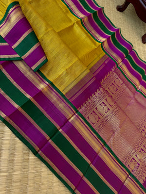 Haritham - Heirloom Yarn Play on Kanchivaram - stunning golden mustard with chevron v pattern woven body