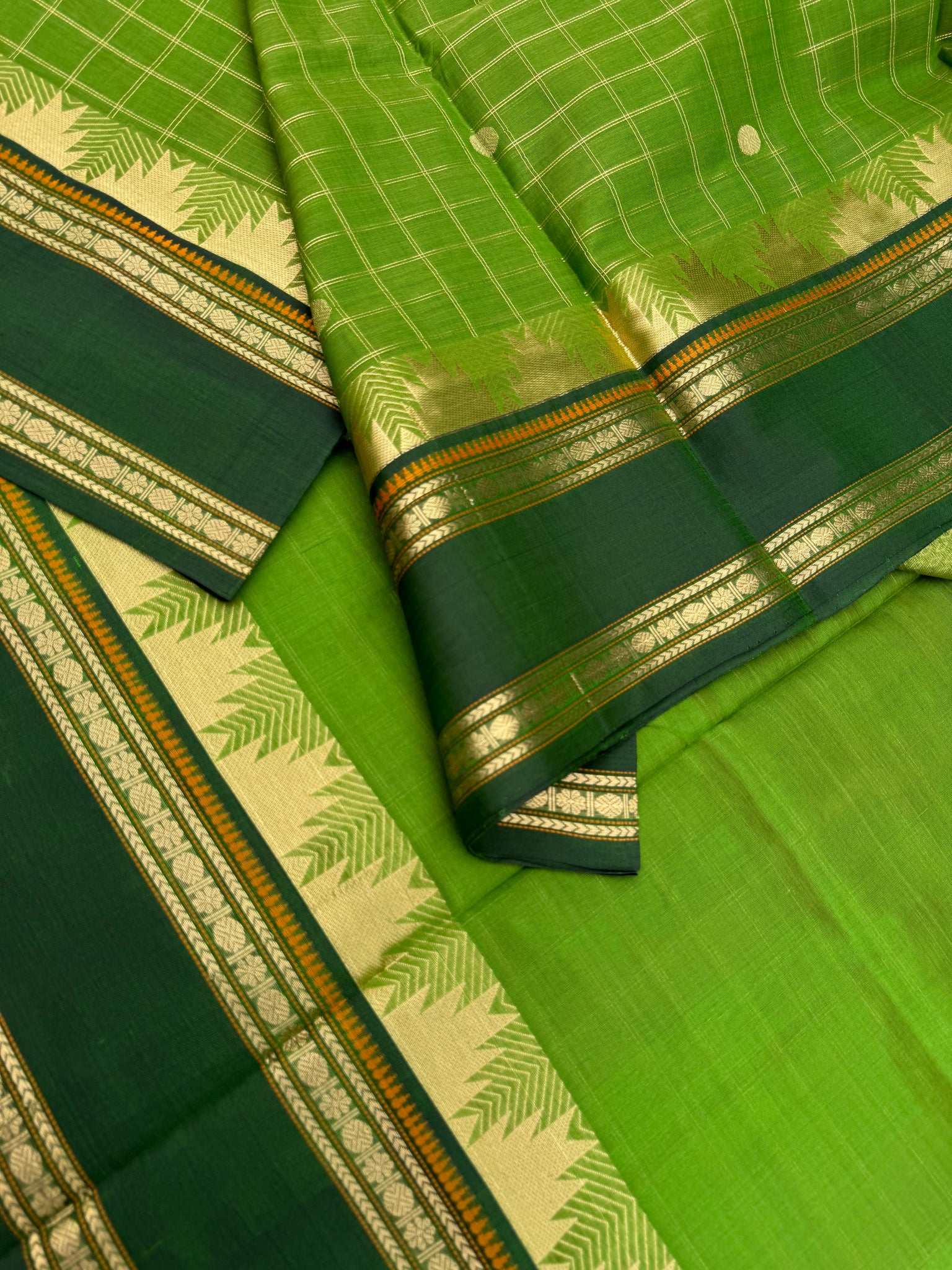 Zari Kissed Silk Cotton - a green on green with all traditional motifs