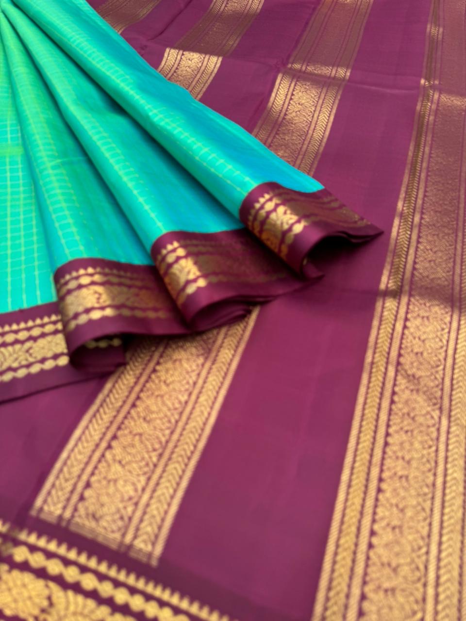 Vintage Ragas on Kanchivaram - beautiful dual tone aqua blue green zari kattam woven body with vintage aadai woven burgundy tone borders