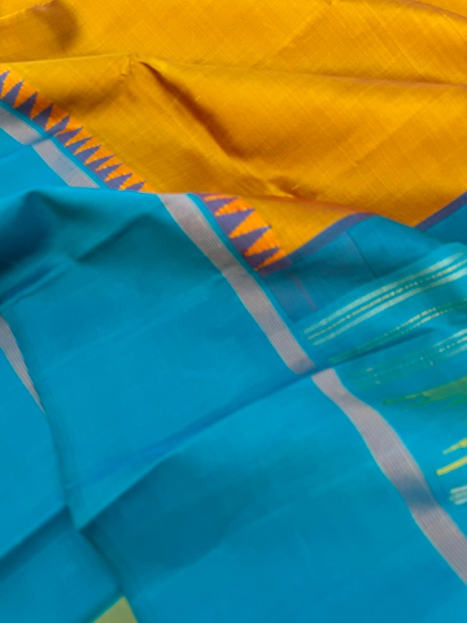 Rarest Korvai Kanchivaram - molten burnt golden honey a unusual tone with teal pallu blouse and borders