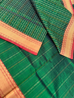 Woven Motifs Silk Cotton - Meenakshi green lakshadeepam