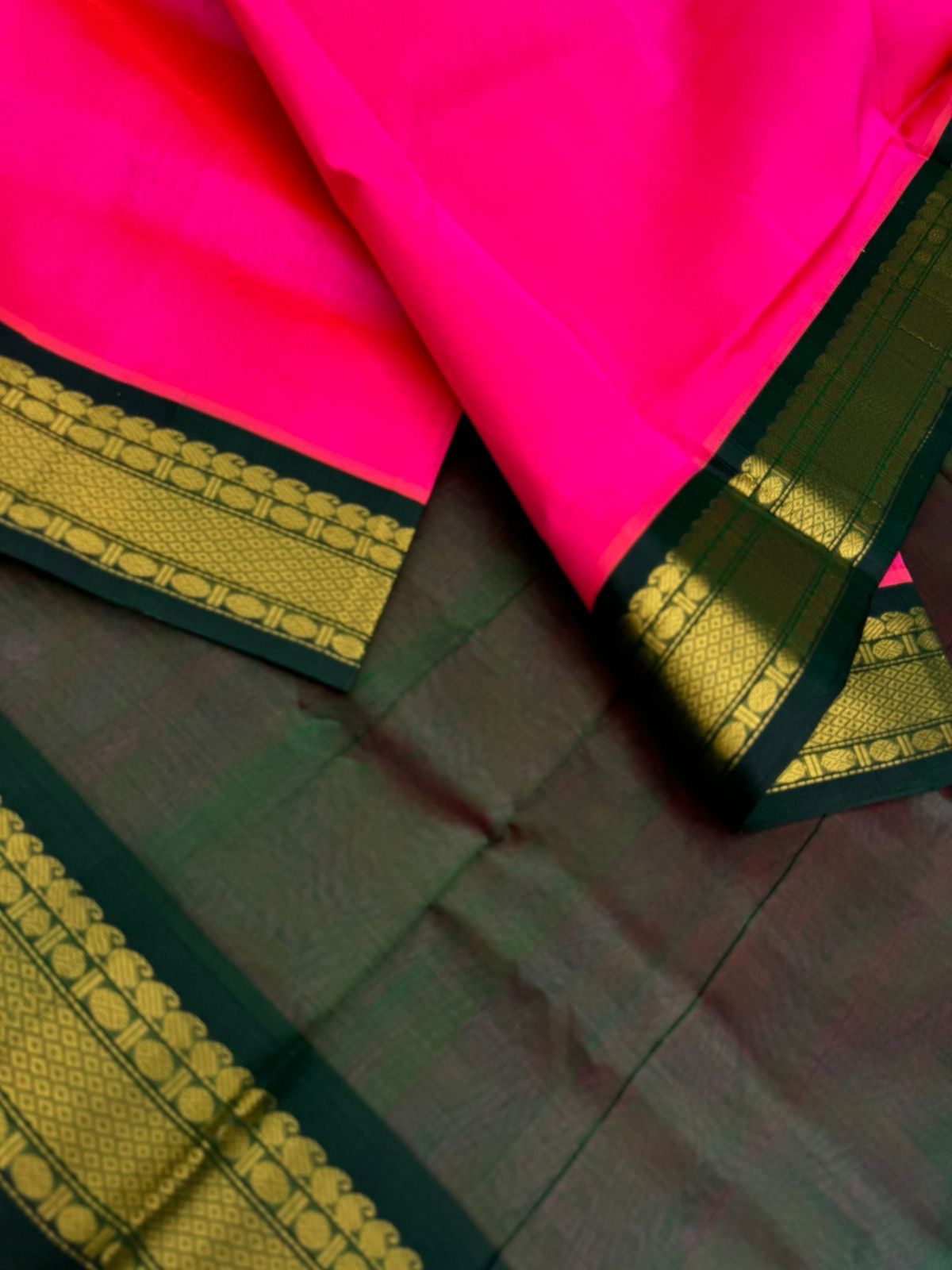 Korvai Silk Cottons - vibrant pink and Meenakshi green