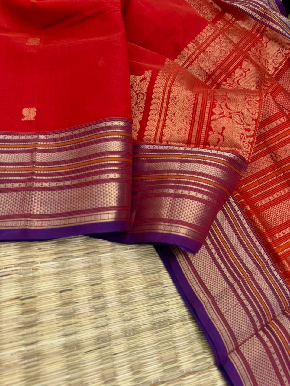Zari Kissed Silk Cotton - stunning rusty orange varusaipett woven borders with shoulder buttas
