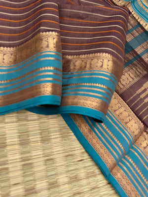 Woven Motifs Silk Cotton - chocolate grey velvet with dusk teal borders