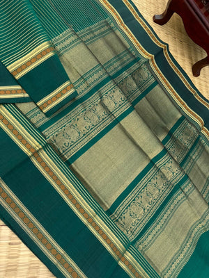 Dark Edition on Zari Kissed Silk Cotton - deep dark meenakshi green oosi strips woven