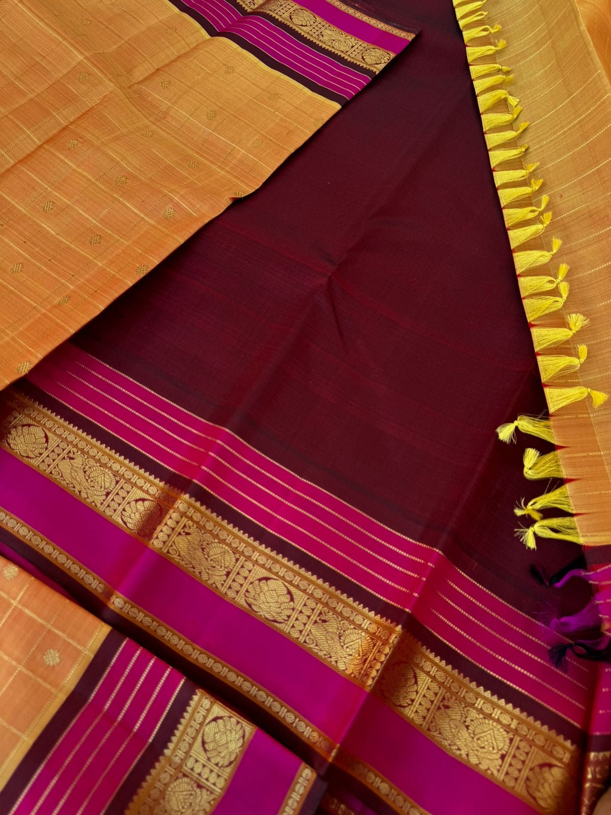 Vintage Ragas on Korvai Kanchivaram - sun set rusty mustard with most traditional mooppula woven borders
