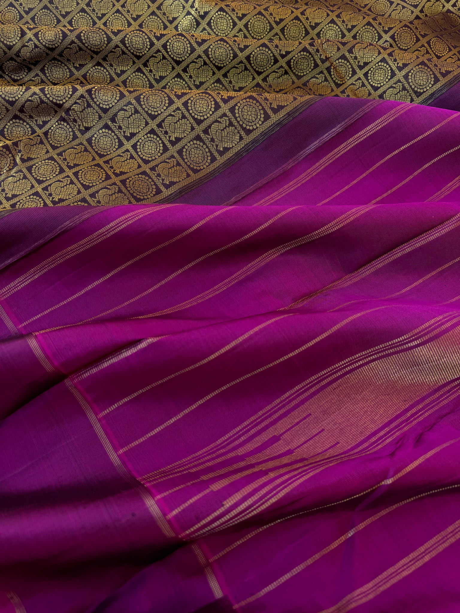 Haritham - Heirloom Yarn Play on Kanchivaram - a black and beige 1000 buttas with majenta pallu and blouse