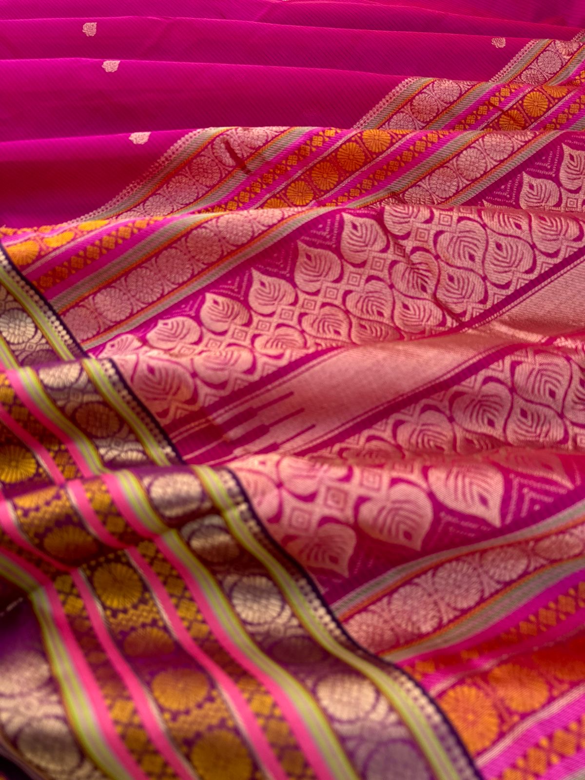 Zari Kissed Silk Cotton - deep dark pink with three row of laddu kamalam borders