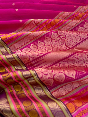 Zari Kissed Silk Cotton - deep dark pink with three row of laddu kamalam borders