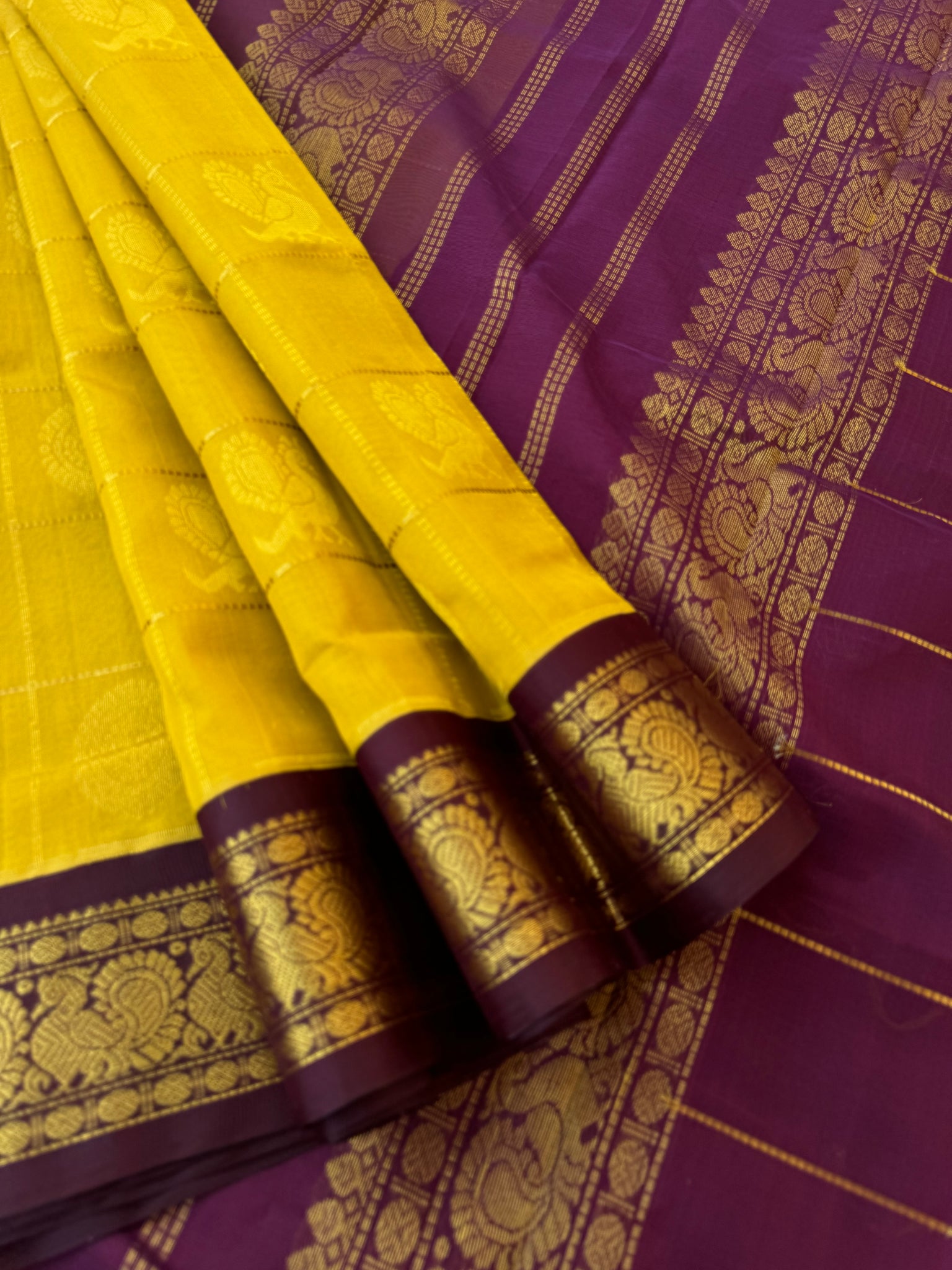 Korvai Silk Cotton - mustard and purple mayil Chackaram
